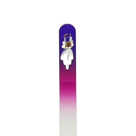 glass nail file with hand painted angel in dark purple and pink