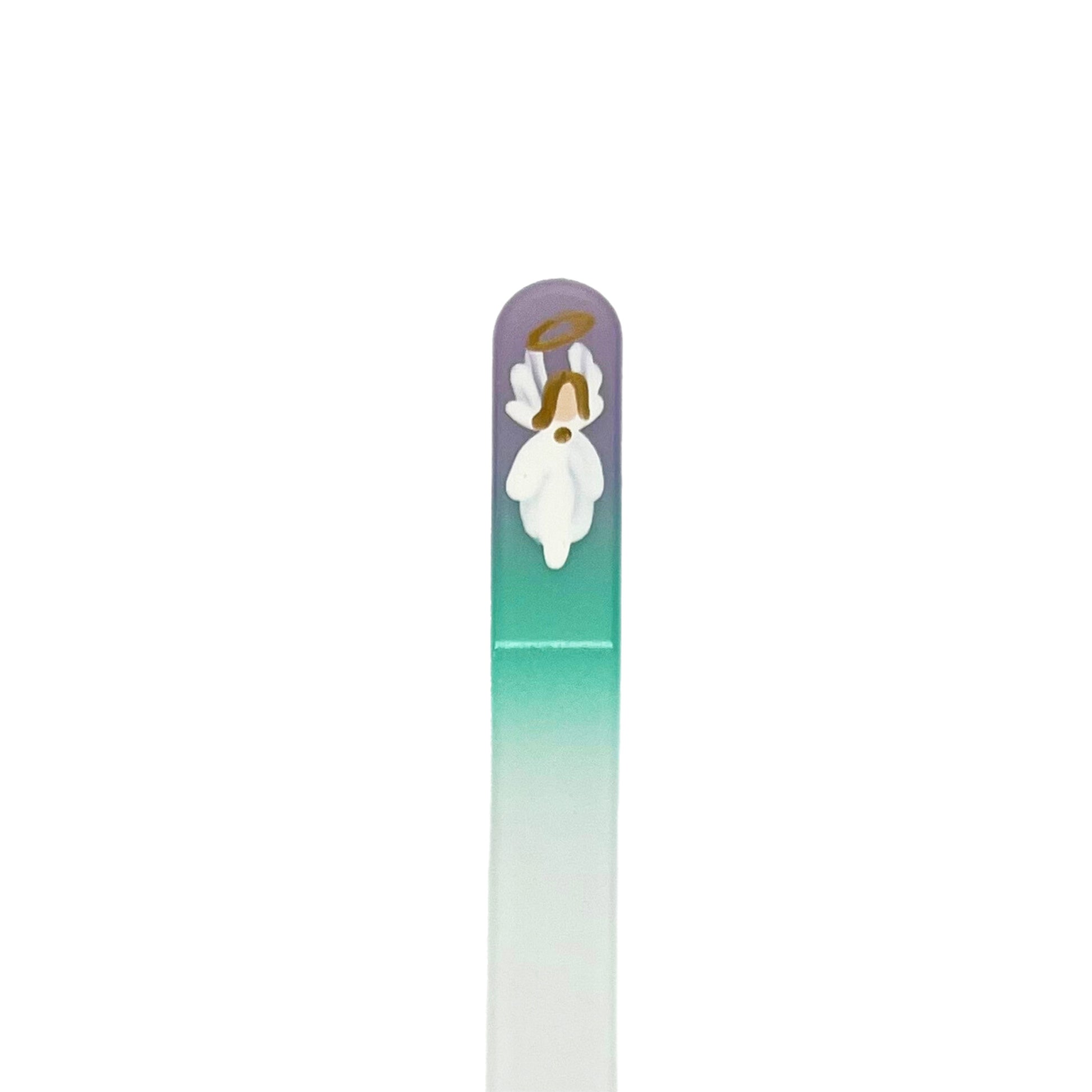 glass nail file with hand painted angel in lavender and teal
