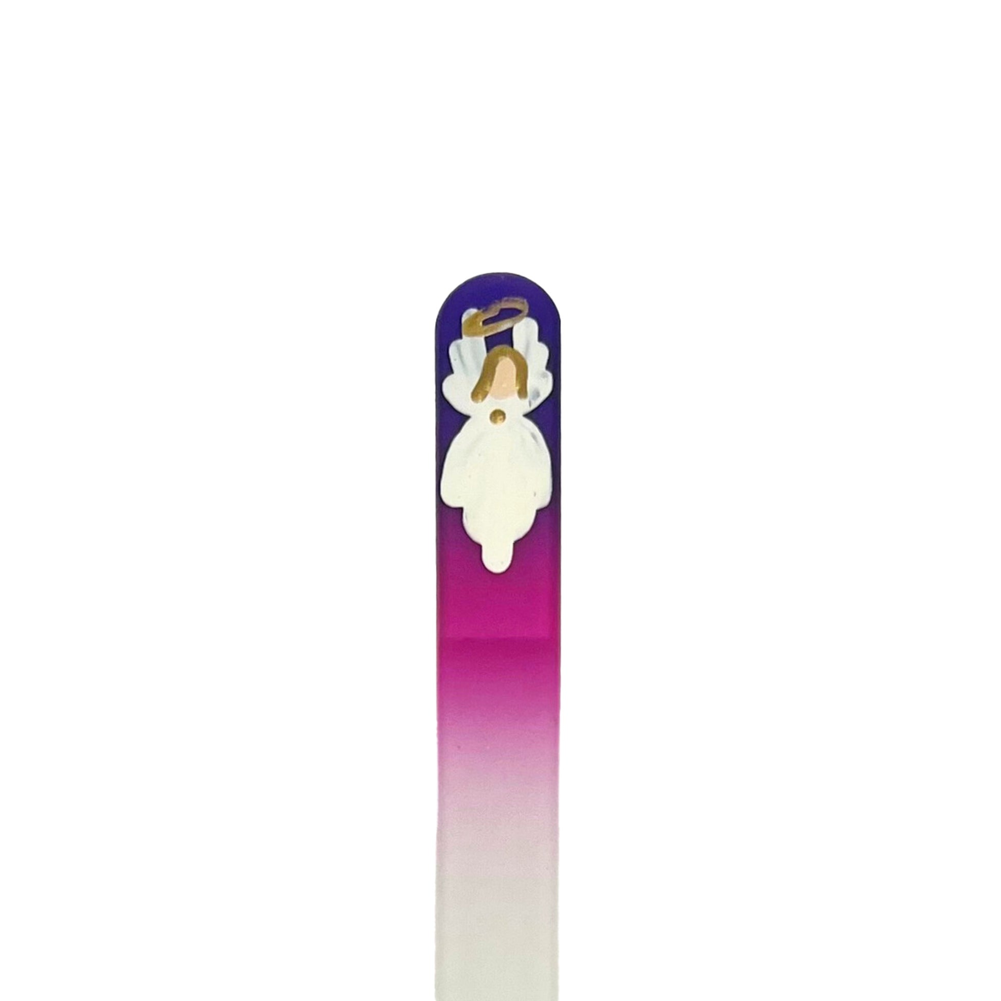 glass nail file with hand painted angel in purple and pink