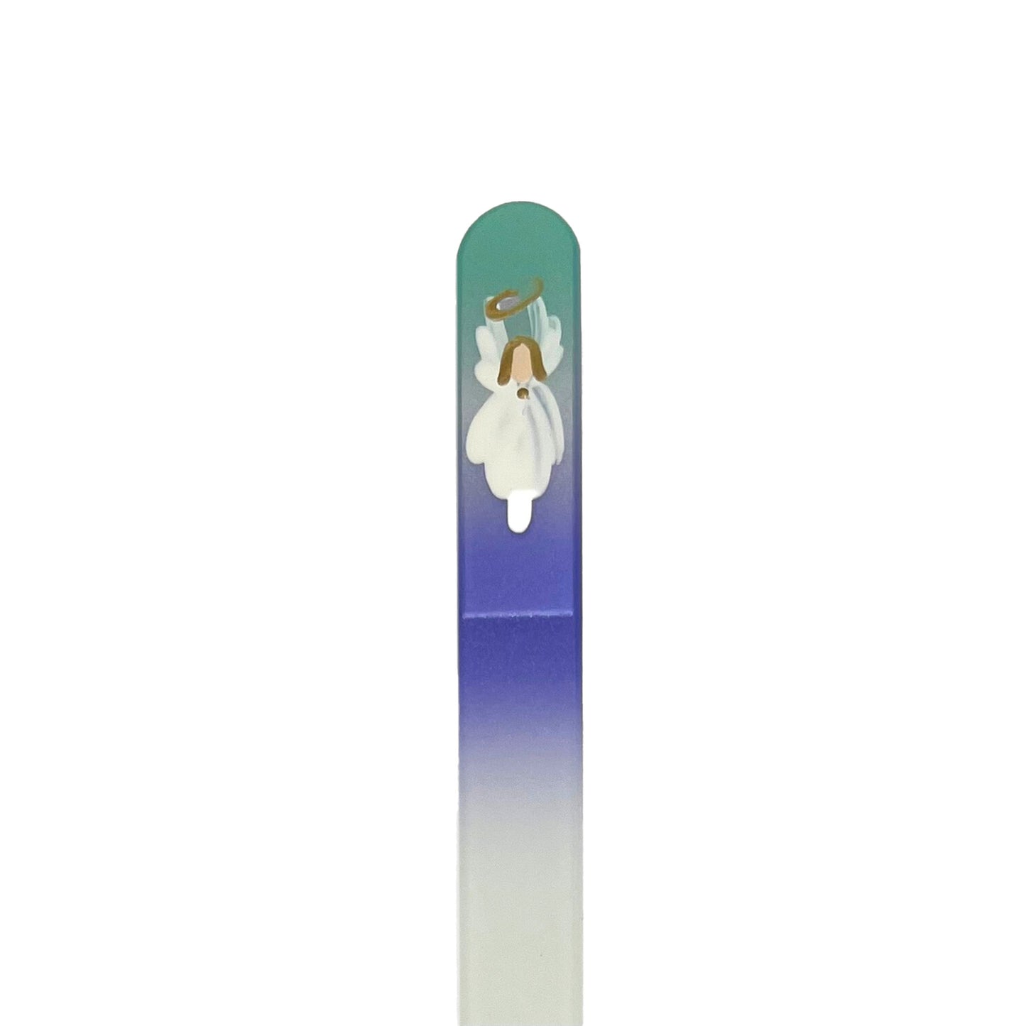 glass nail file with hand painted design of angel in teal and purple