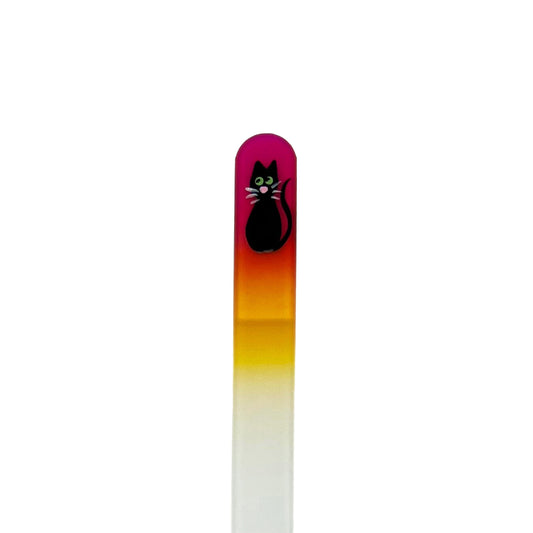 Hand painted black cat design on a pink and yellow glass nail file