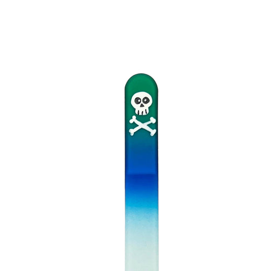 Green and blue glass nail file with hand painted boy skull
