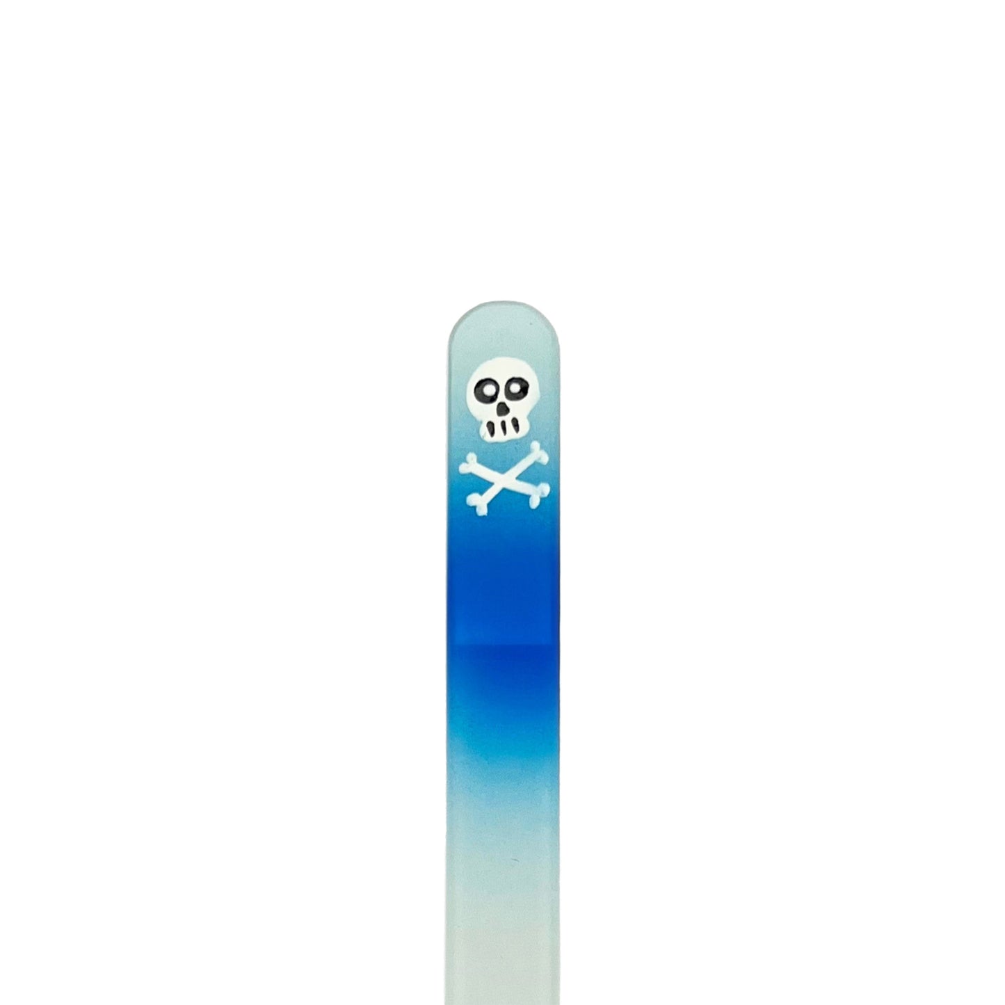 Light blue and blue glass nail file with hand painted boy skull.