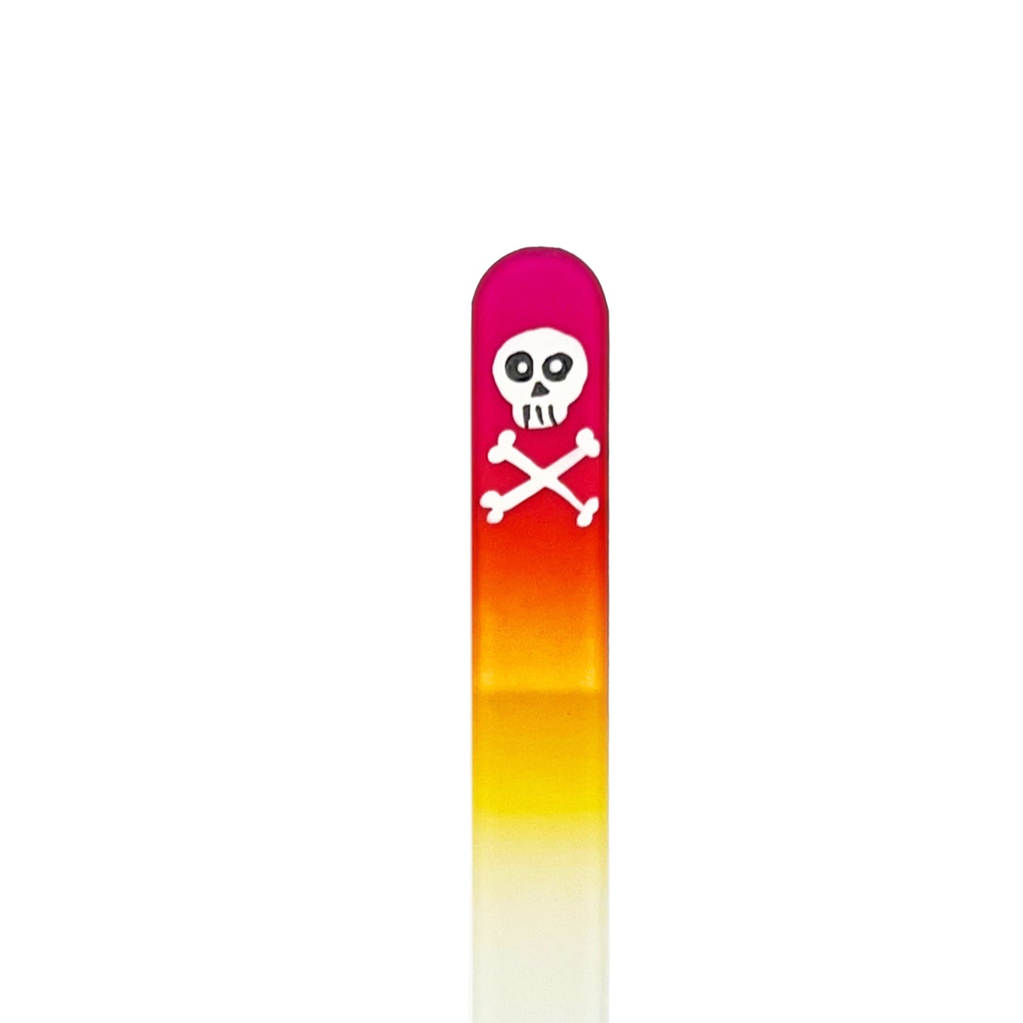 Pink and yellow glass nail file with hand painted boy skull.