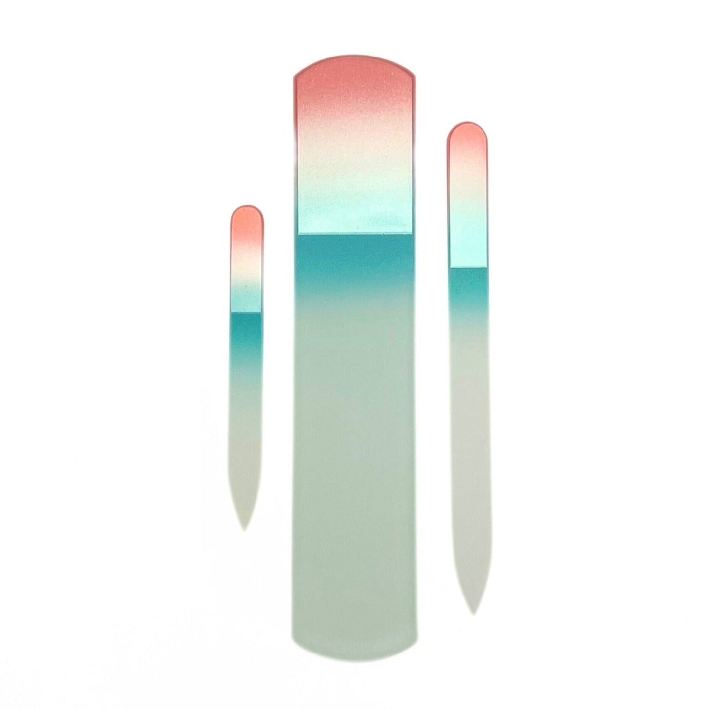3 piece glass nail foot set in coral and teal.  Has a small, foot and regular sized file.