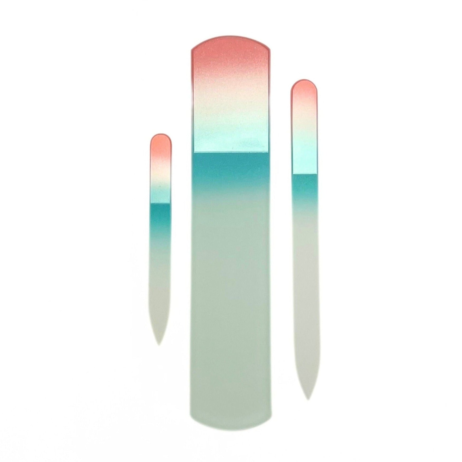 small, medium and foot sized glass nail files in coral and teal color