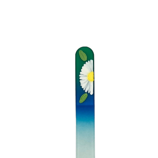green and blue glass nail file with hand painted daisy