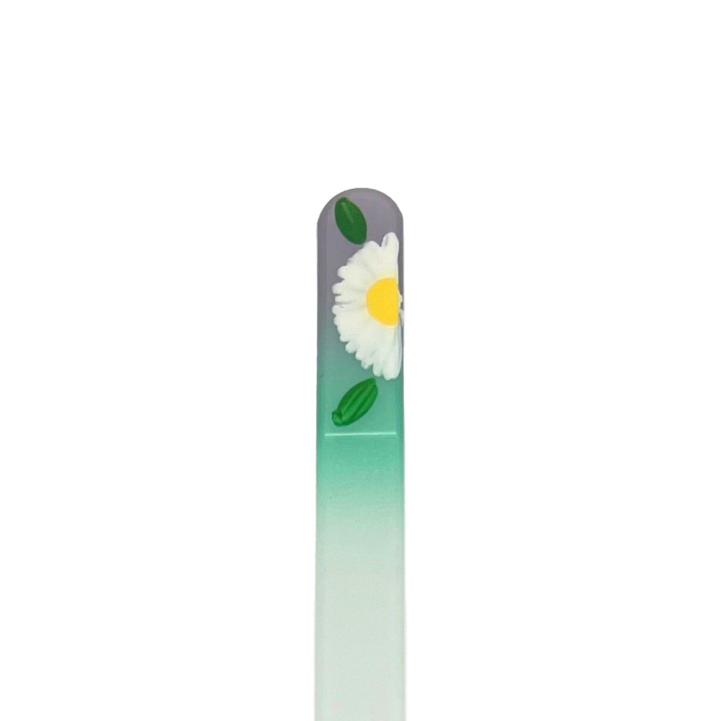 lavender and teal glass nail file with hand painted daisy