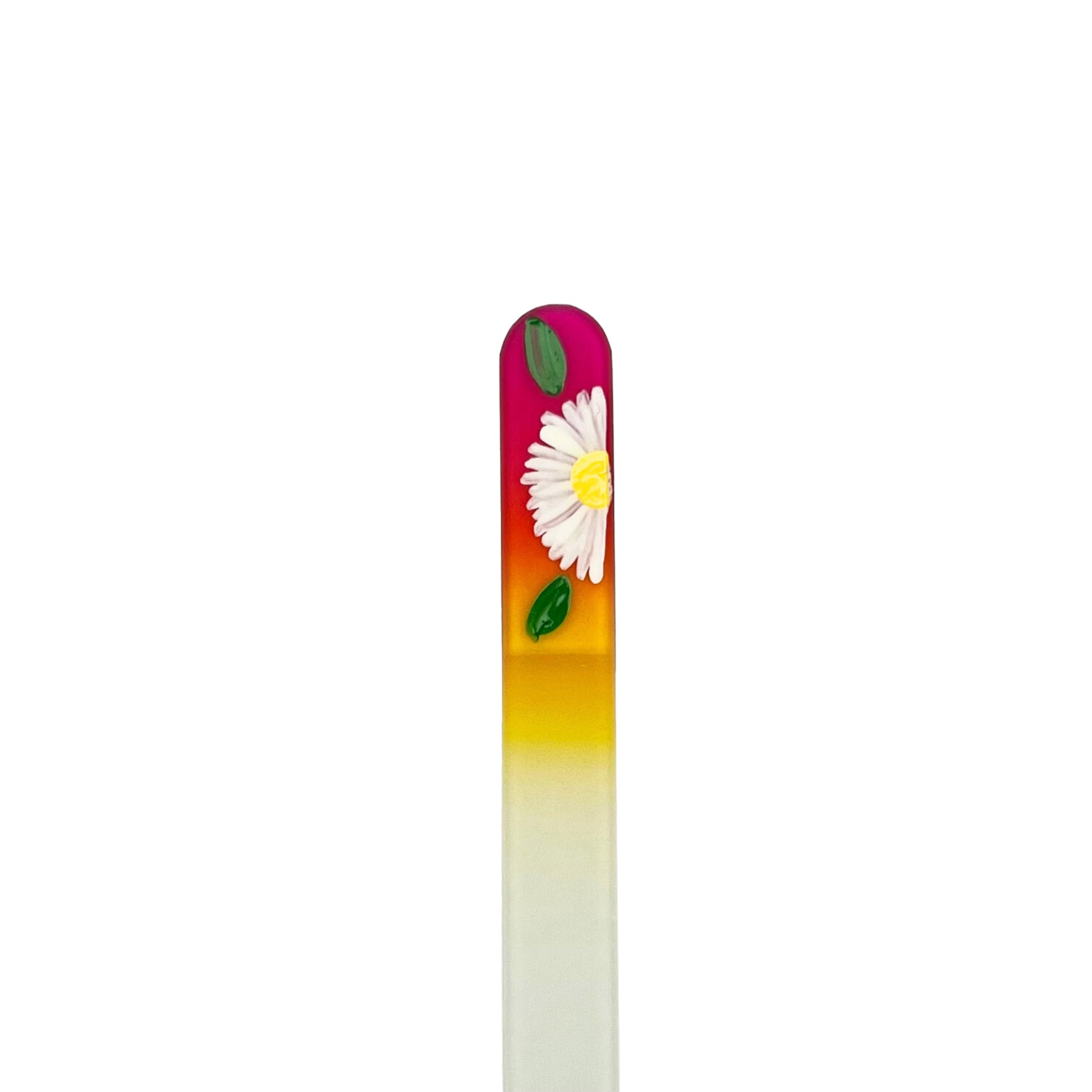 pink and yellow glass nail file with hand painted daisy