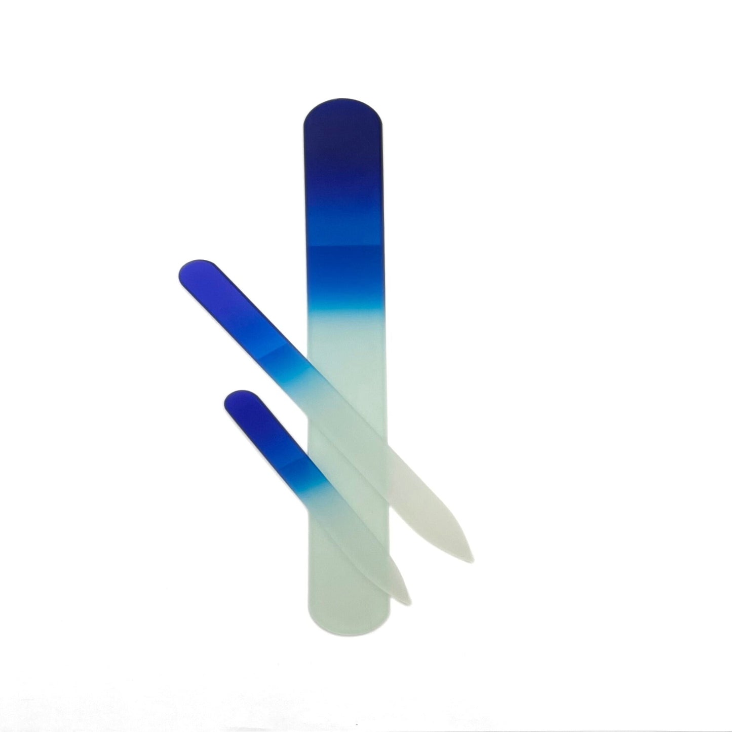 darkl blue 3 piece glass nail file set with a small, medium and large file