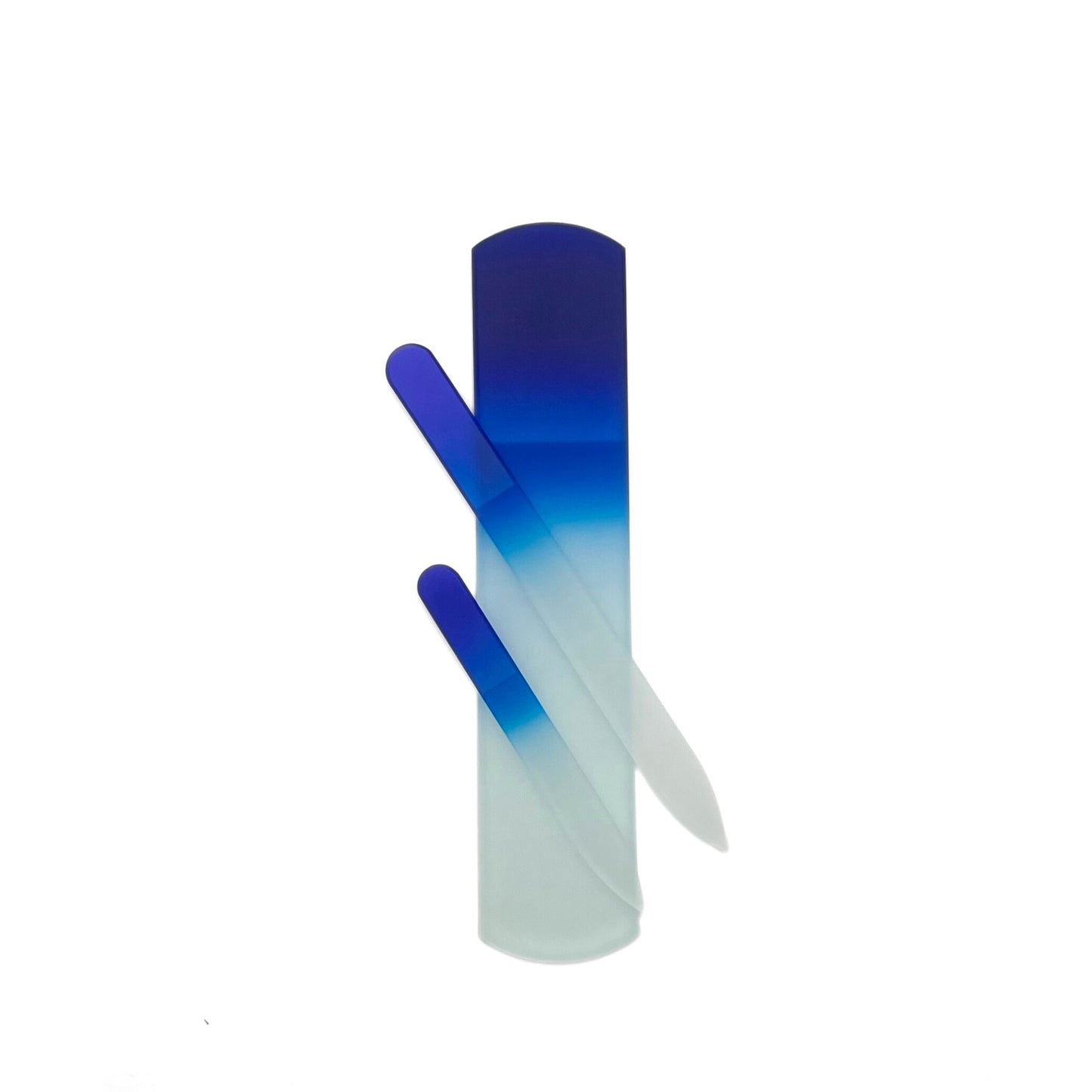 dark blue glass nail file set with a small, medium and foot sized files