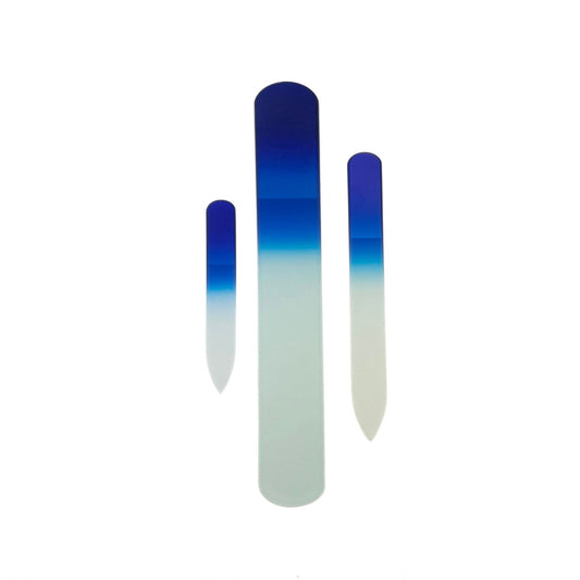 dark blue 3 piece glass nail file set.  Large, medium and small file.