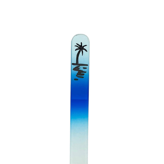 Light blue and blue glass nail file with hand painted palm tree