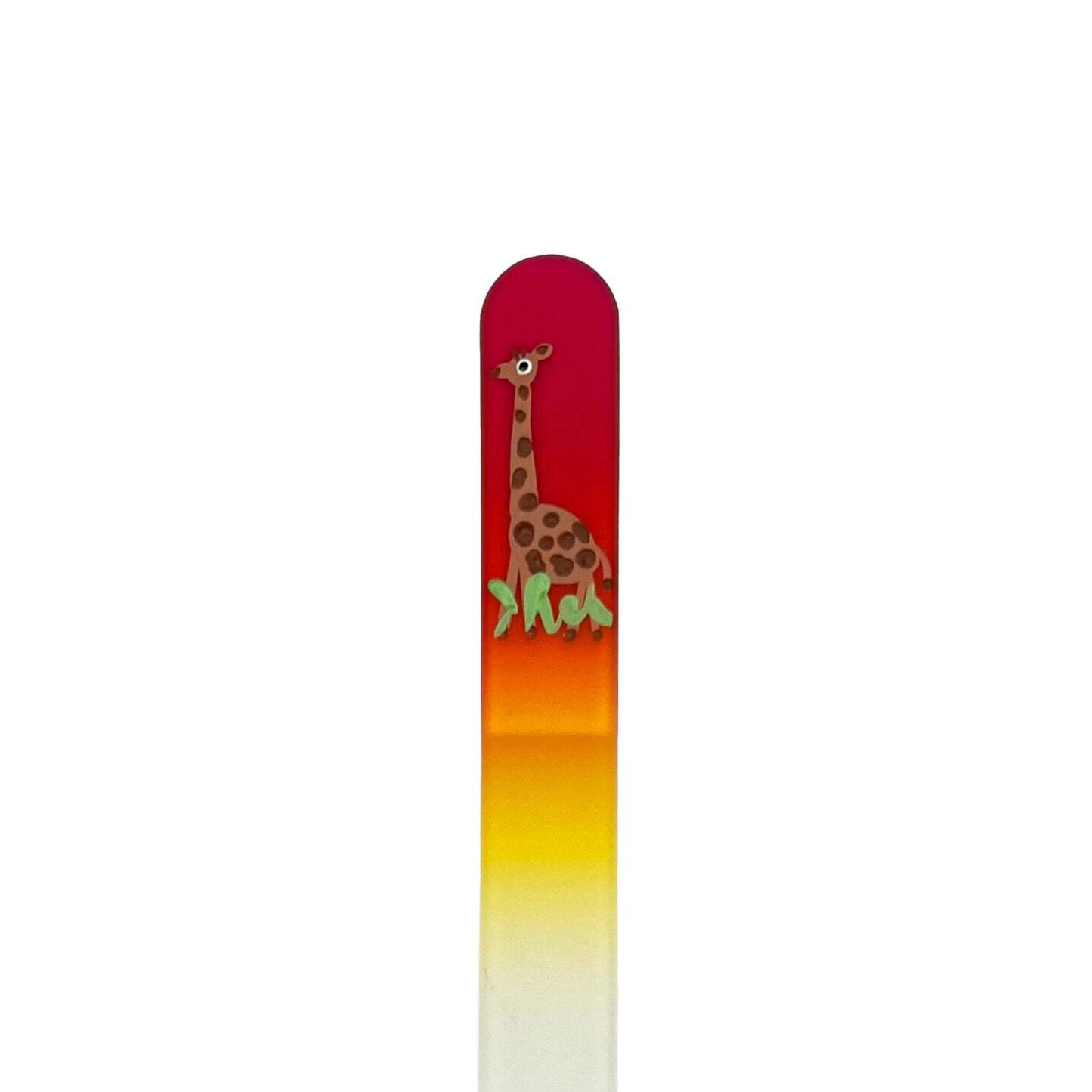 pink and yellow glass nail file with hand painted giraffe