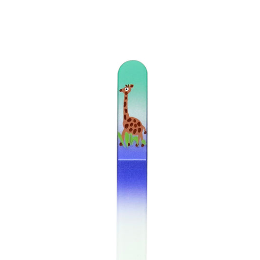 teal and purple glass nail file with hand painted giraffe