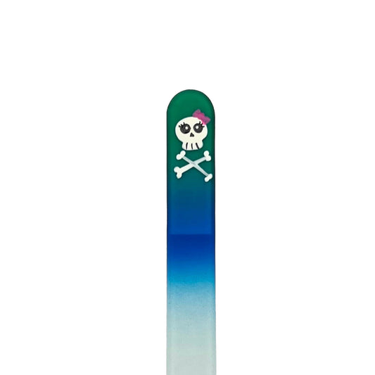 Green and blue glass nail file with hand painted girl skull with pink bow.