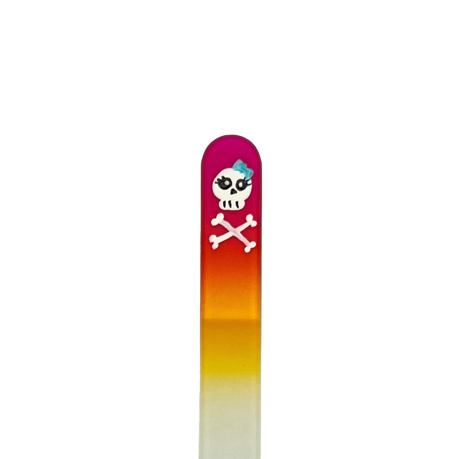 Pink and yellow glass nail file with hand painted gull skull with blue bow