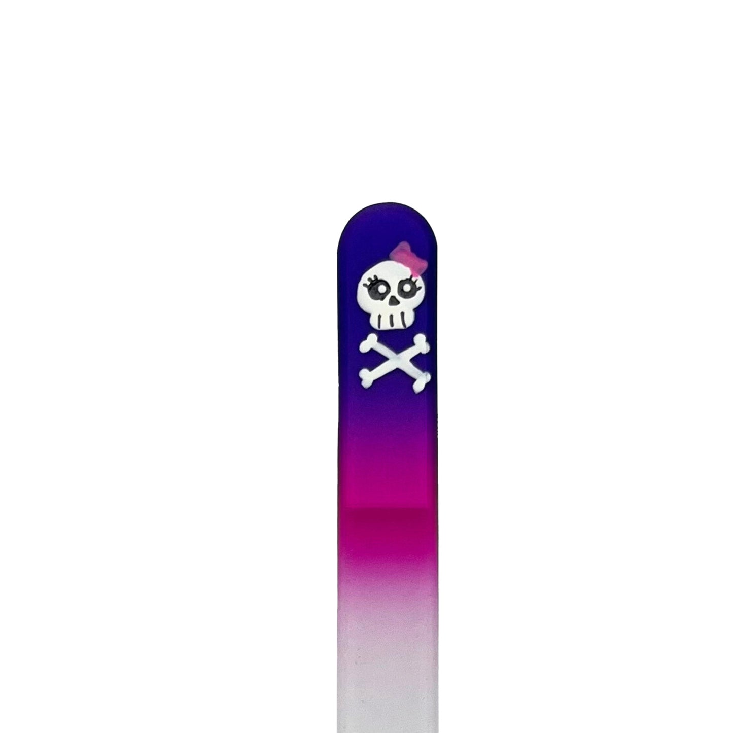 purple and pink glass nail file with hand painted girl skull with bow