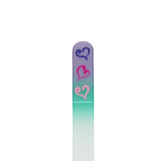 lavender and mint glass nail file with hand painted hearts 