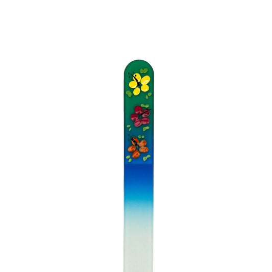 green and blue glass nail file with hand painted hibiscus