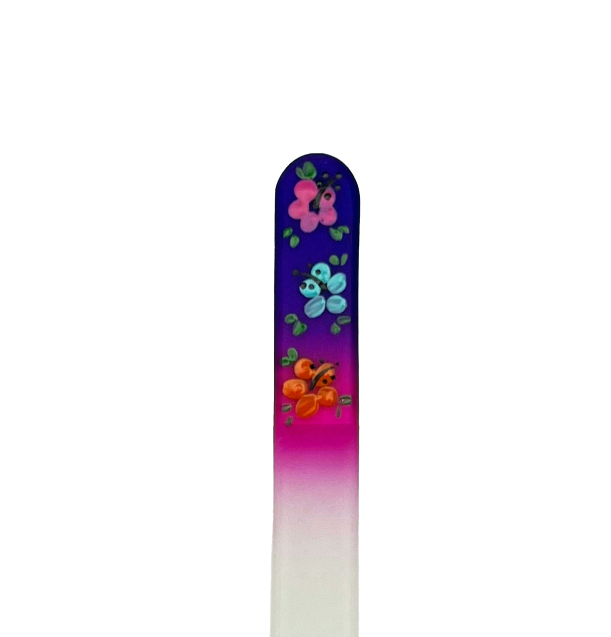 purple and pink glass nail file with hand painted hibiscus
