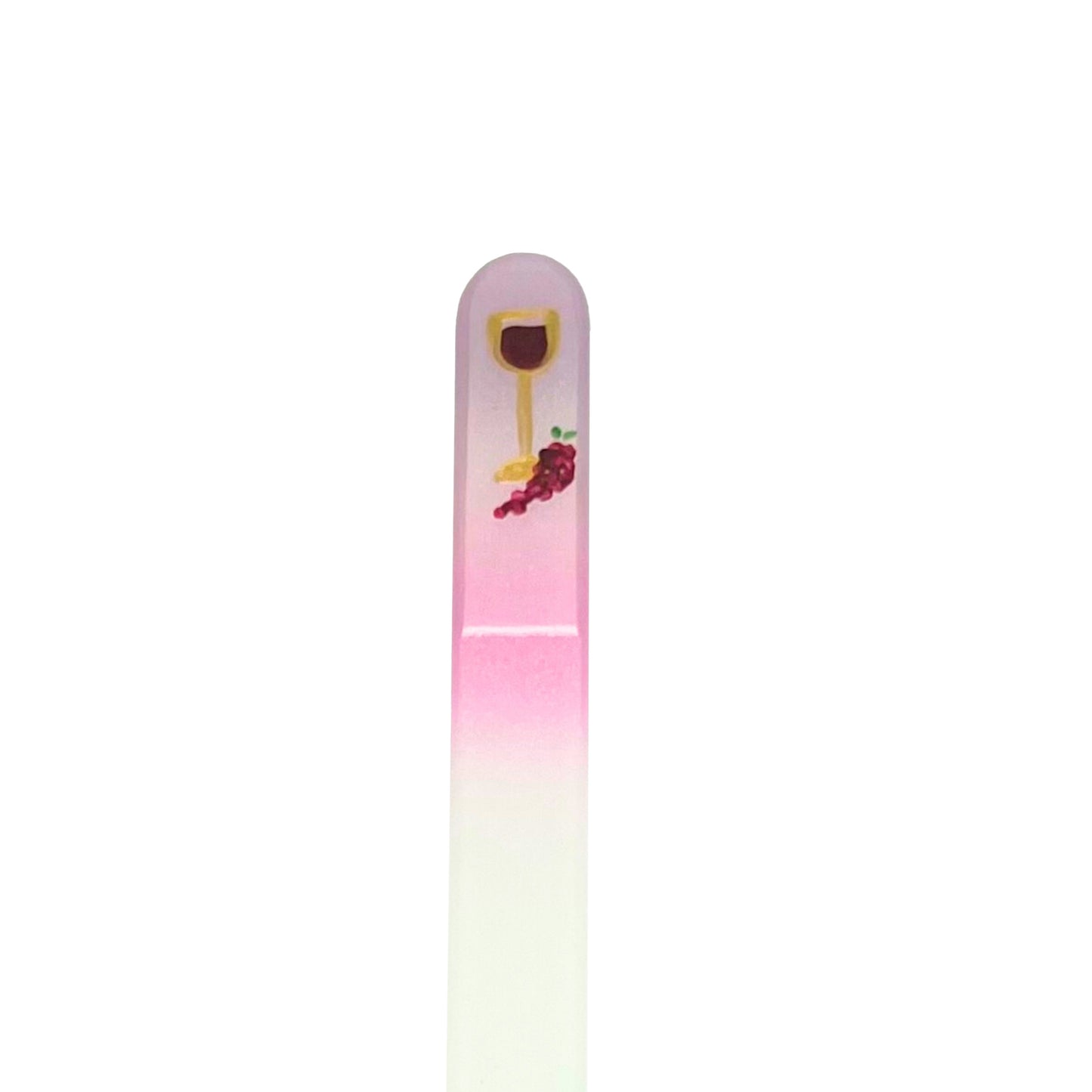 Light purple and pink glass nail file with painted design of wine glass and grapes.