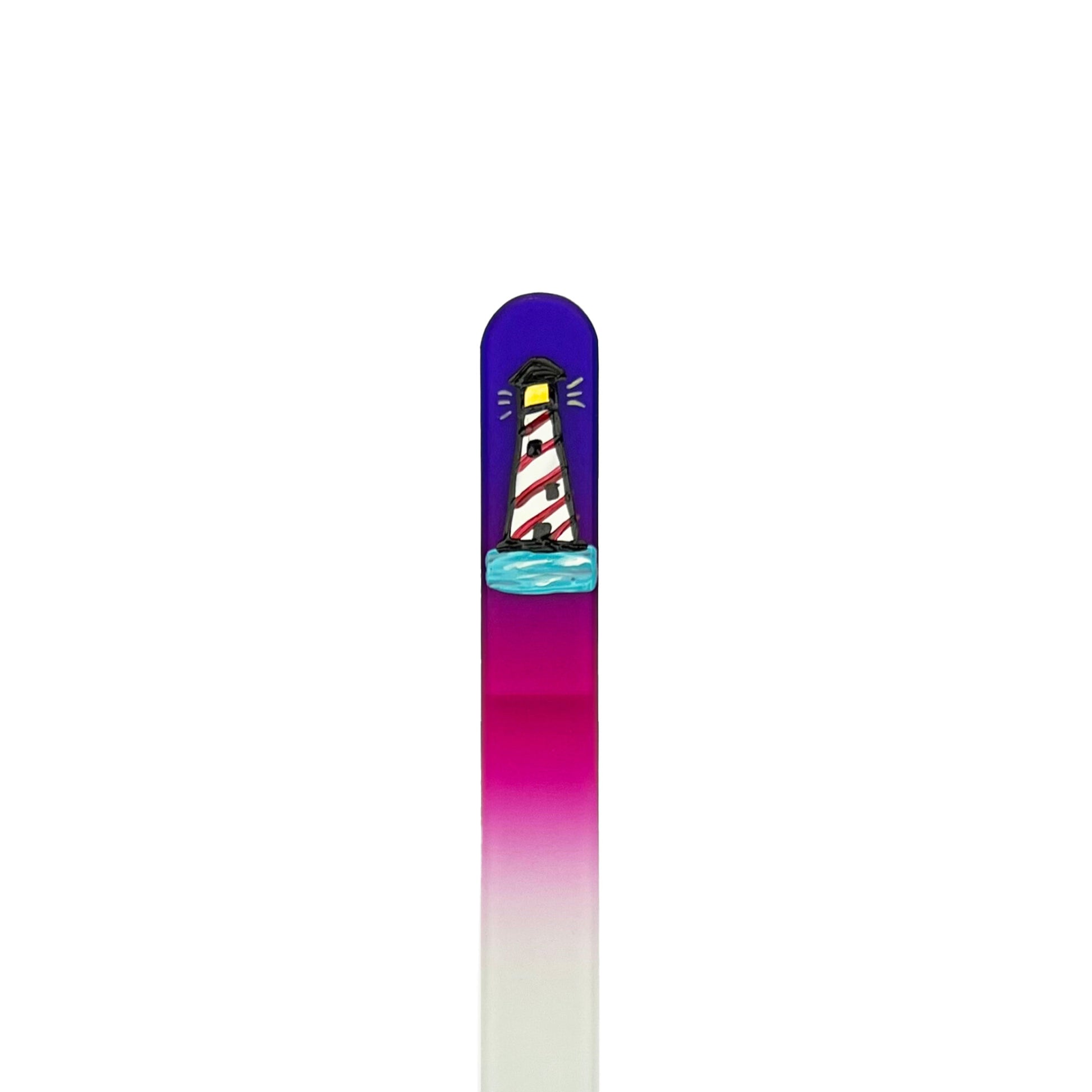 purple and pink glass nail file with hand painted lighthouse