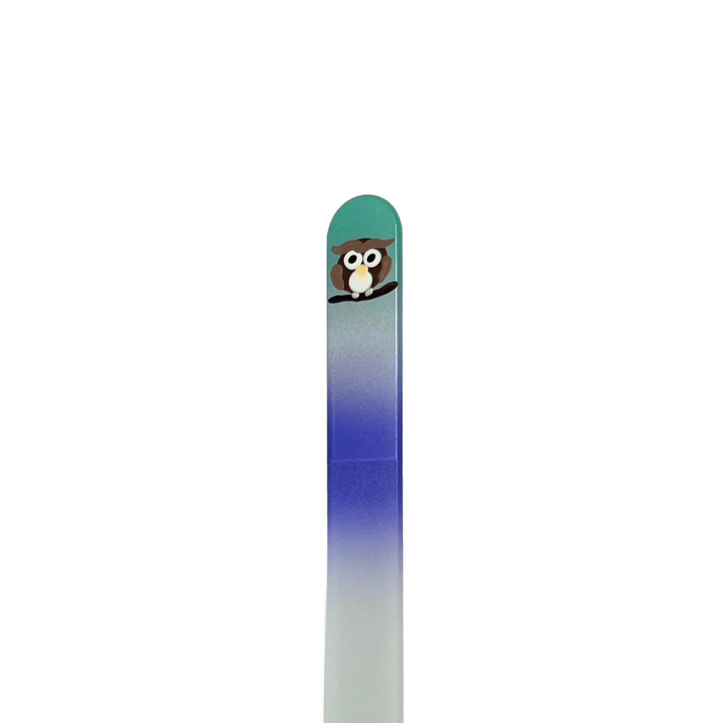 purple glass nail file with hand painted owl