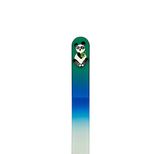 green and blue glass nail file hand painted with a panda