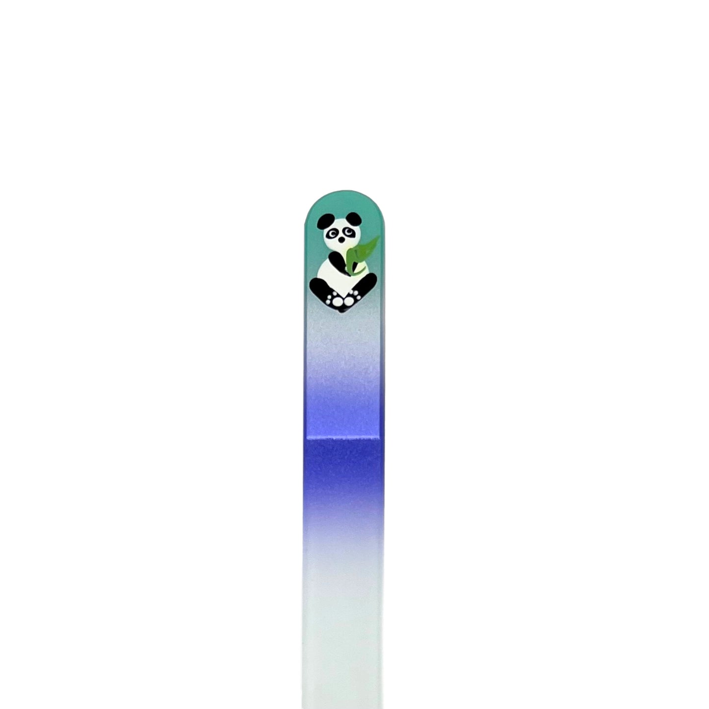 teal and purple glass nail file with hand painted panda