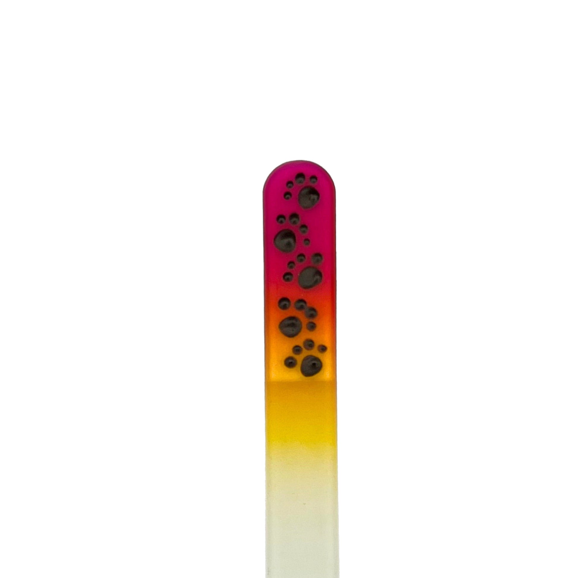 pink and yellow glass nail file with hand painted paws