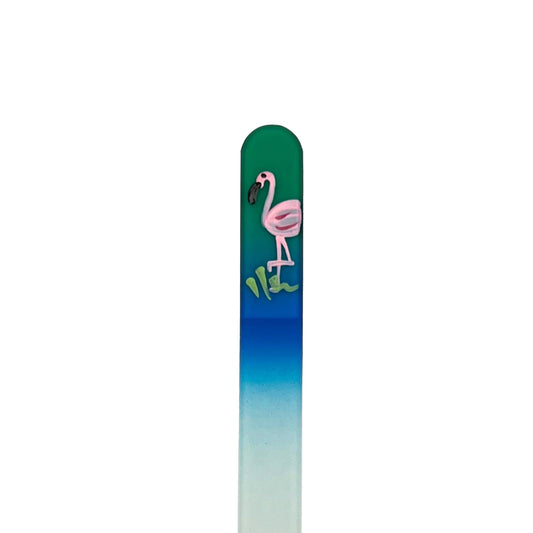 green and blue glass nail file with hand painted pink flamingo