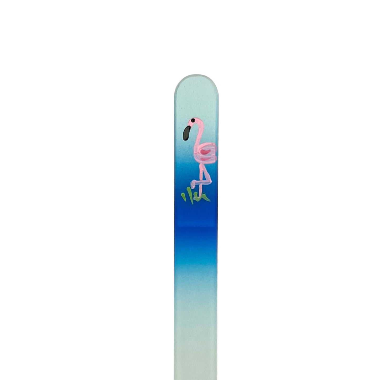light blue and blue glass nail file with hand painted pink flamingo