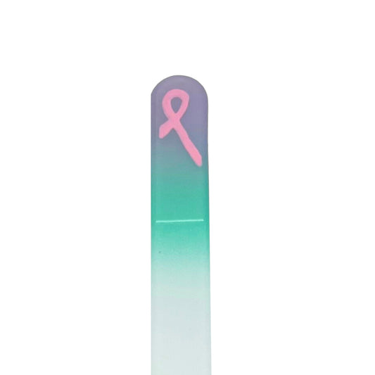 Lavender and teal glass nail file with hand painted pink ribbon