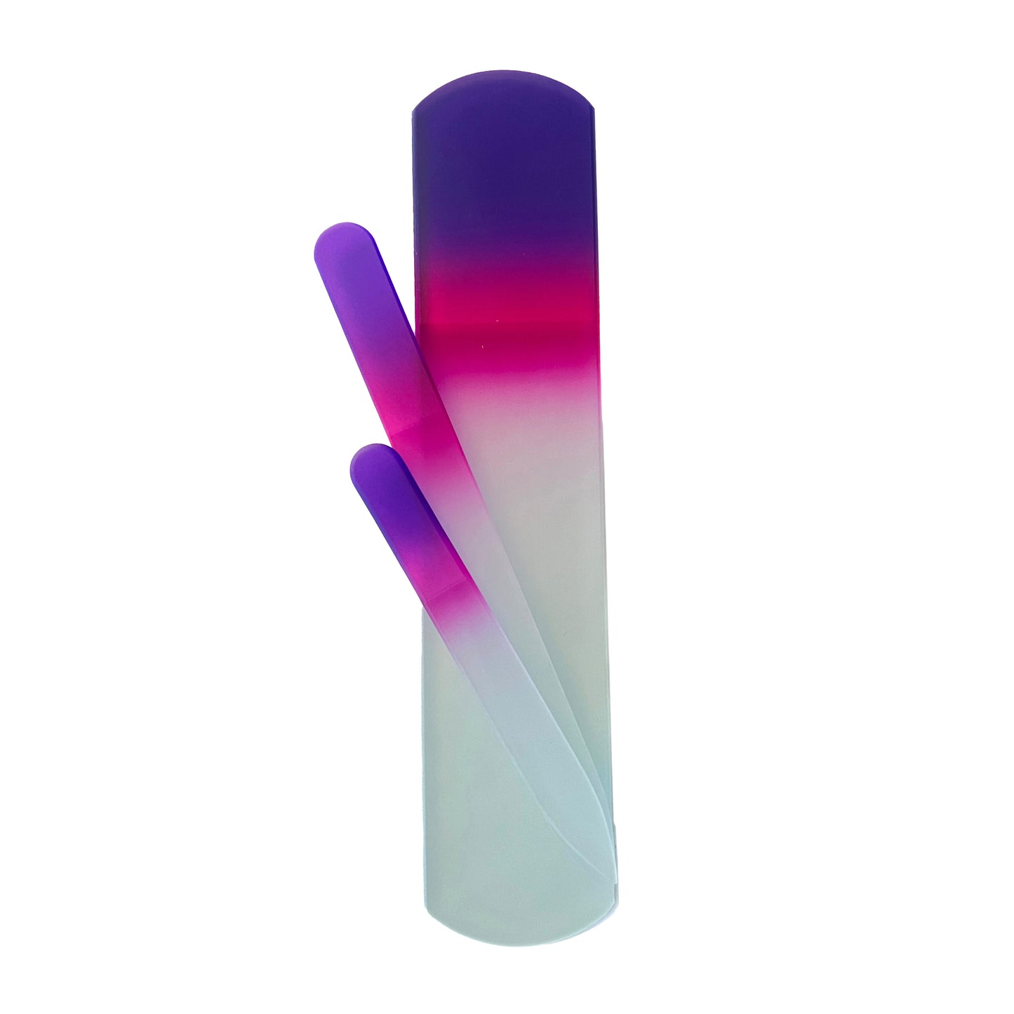 purple and pink glass nail file set with a small, medium and foot file.
