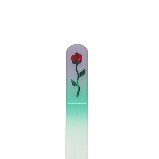 lavender and teal glass nail file with hand painted red rose
