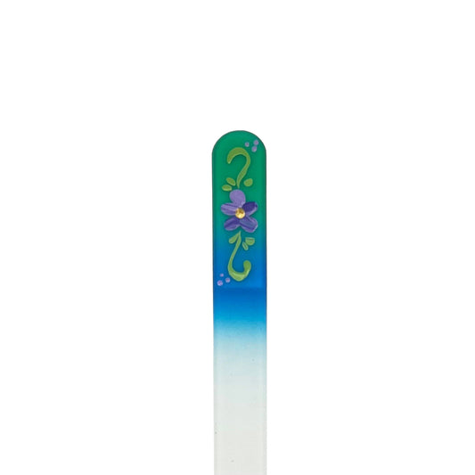 green and blue glass nail file with hand painted purple flower