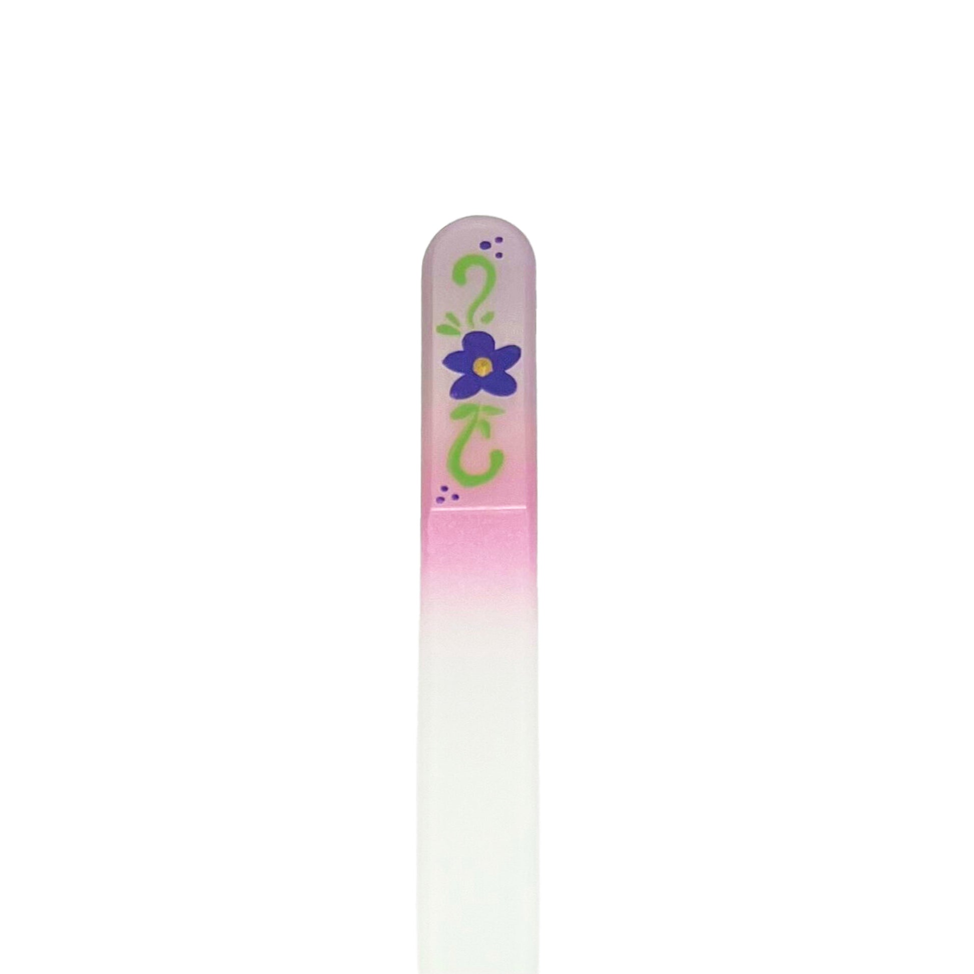 Light purple and pink glass nail file with hand painted purple flower.