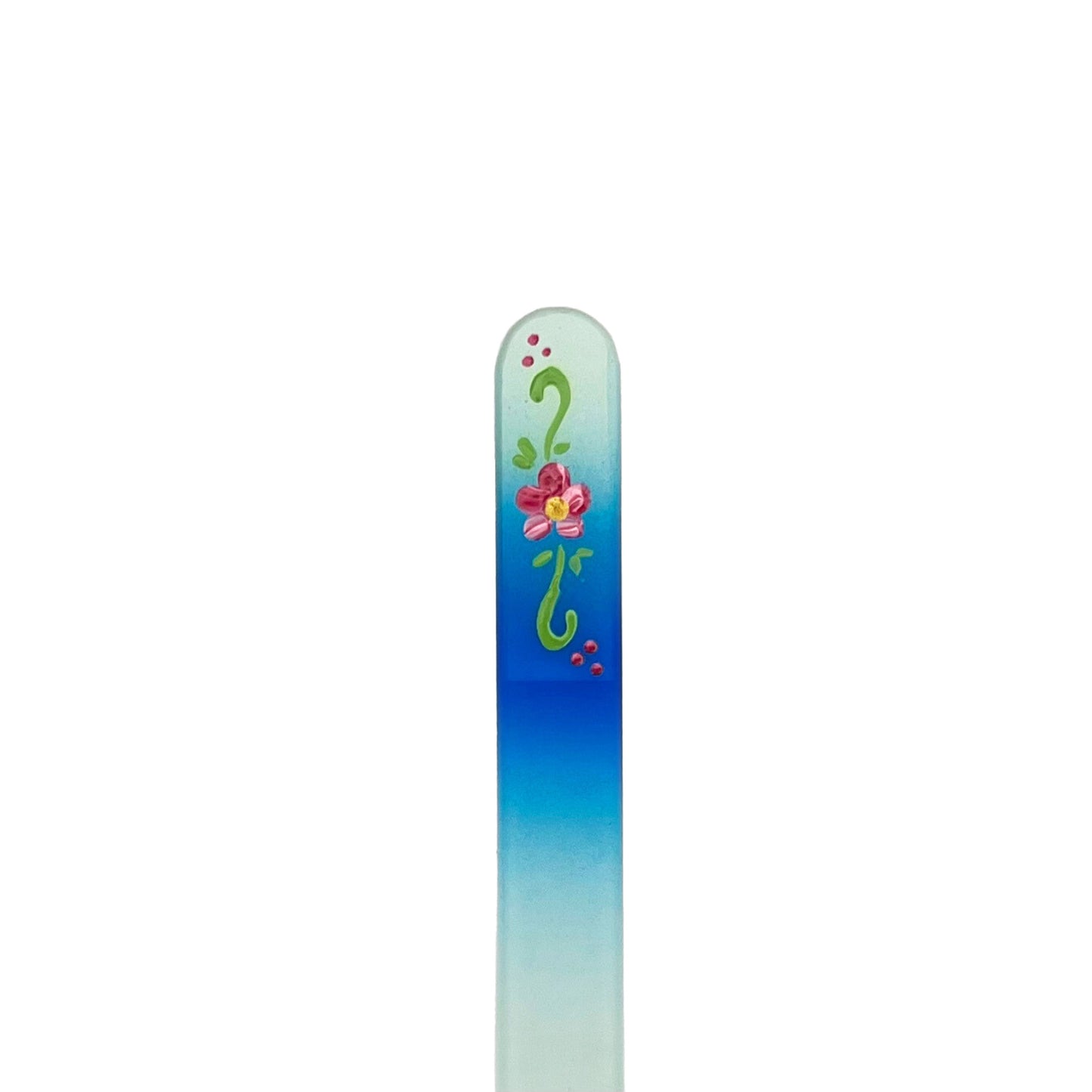 Light blue and blue glass nail file with hand painted pink flower