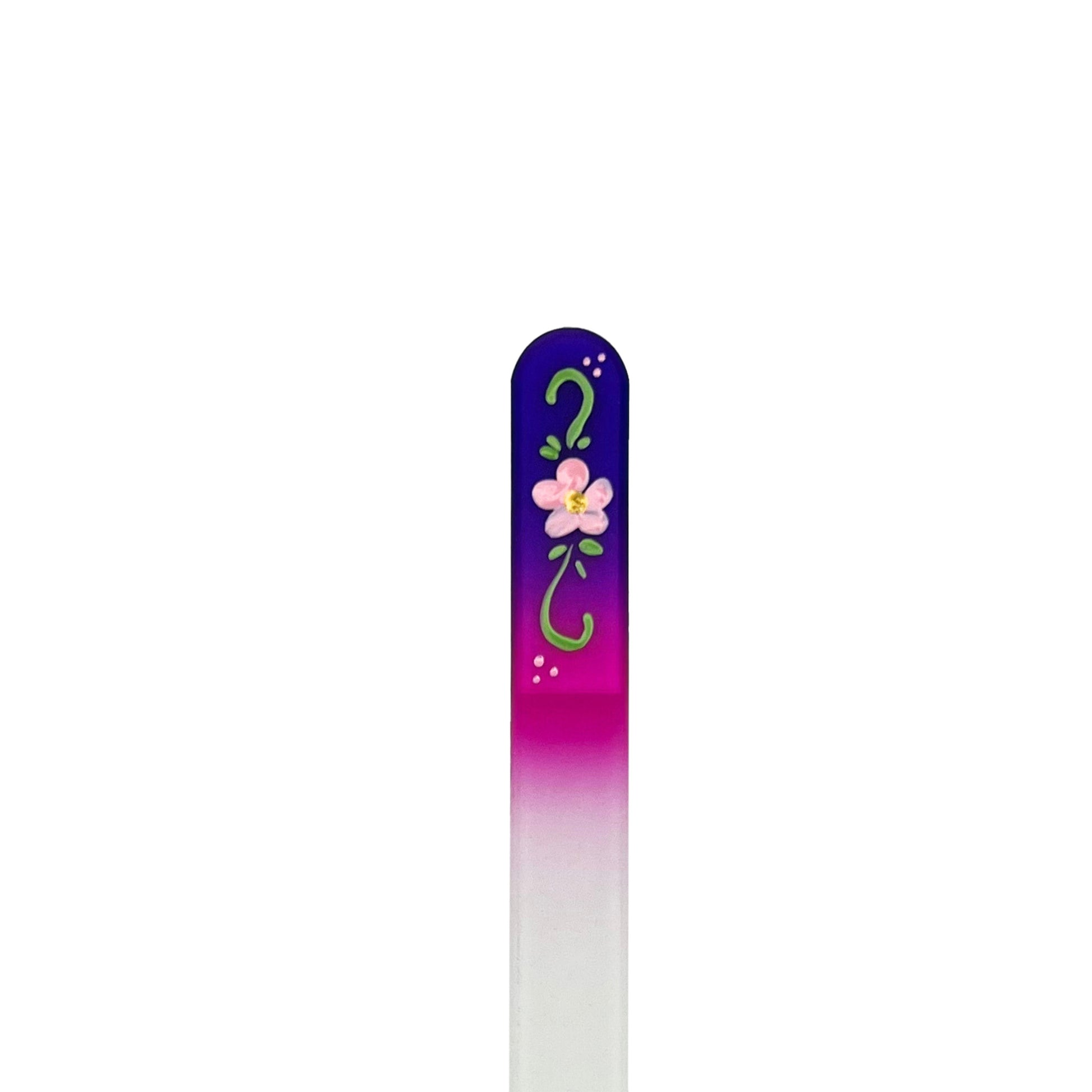 purple and pink glass nail file with hand painted pink flower.