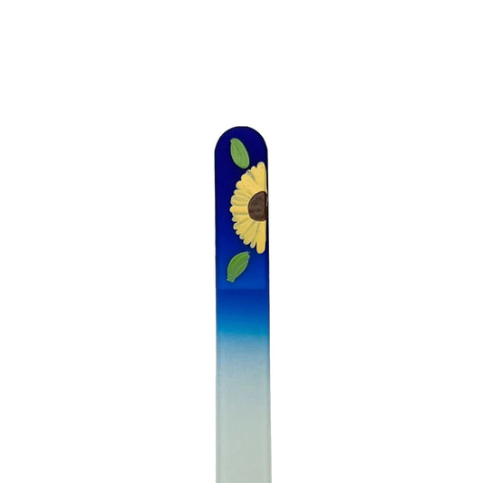 Dark blue glass nail file with hand painted sunflower.
