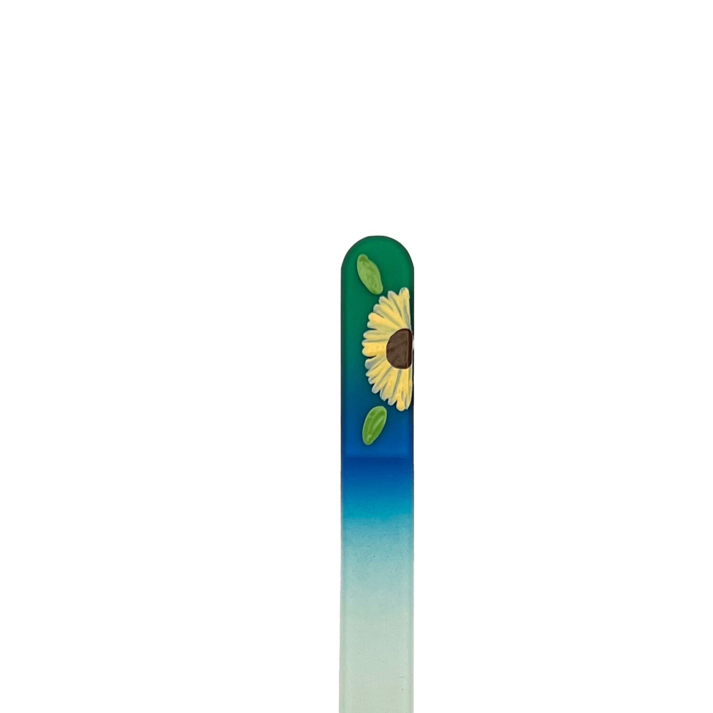 green and blue glass nail file with hand painted sunflower.