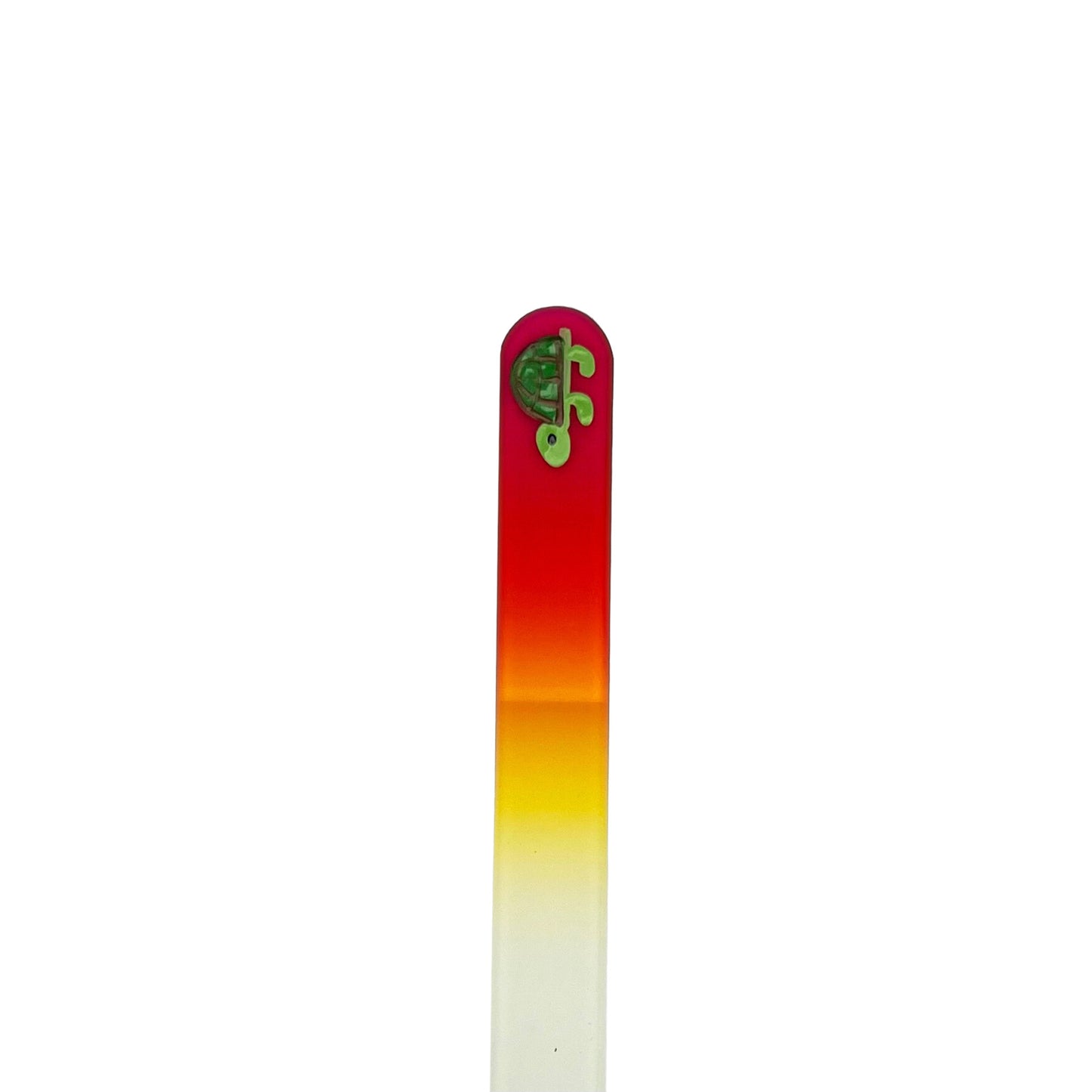 Pink and yellow glass nail file with hand painted turtle.