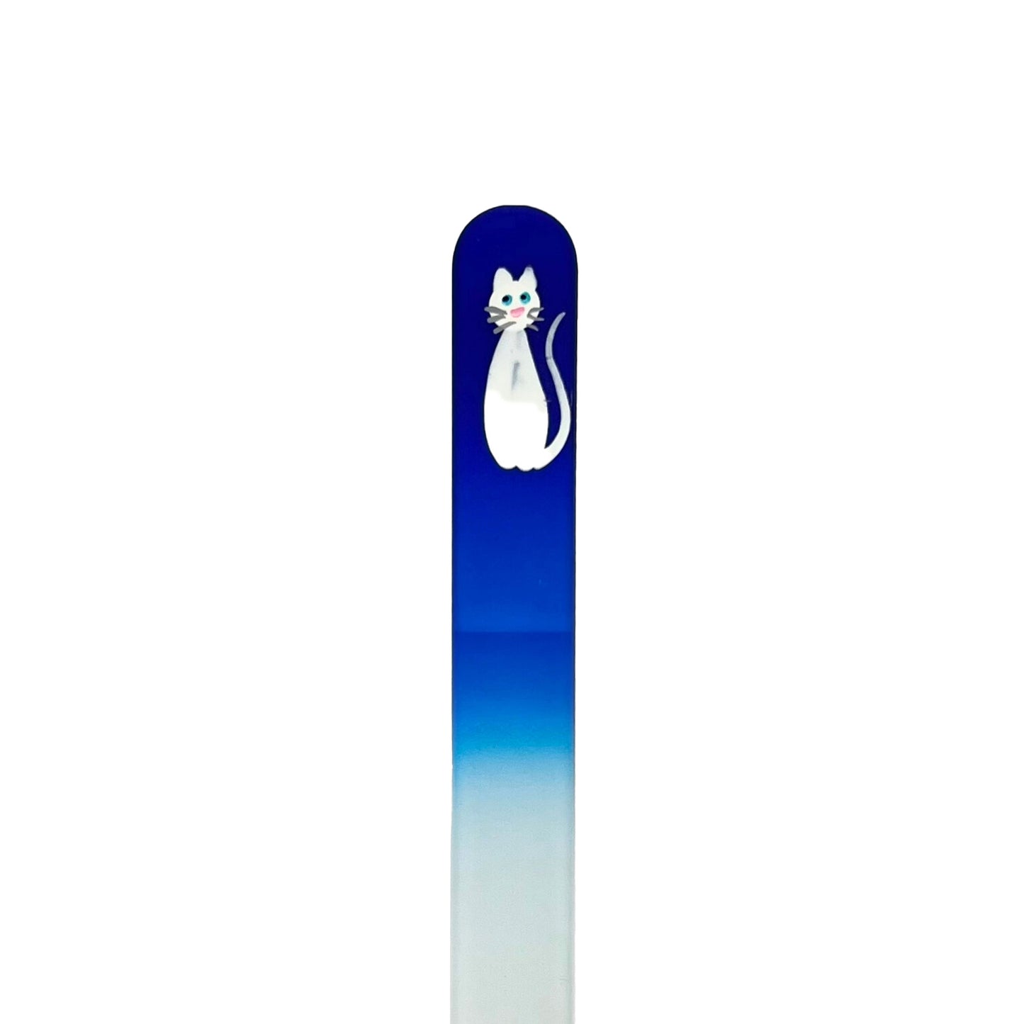 white hand painted cat design on a dark blue glass nail file
