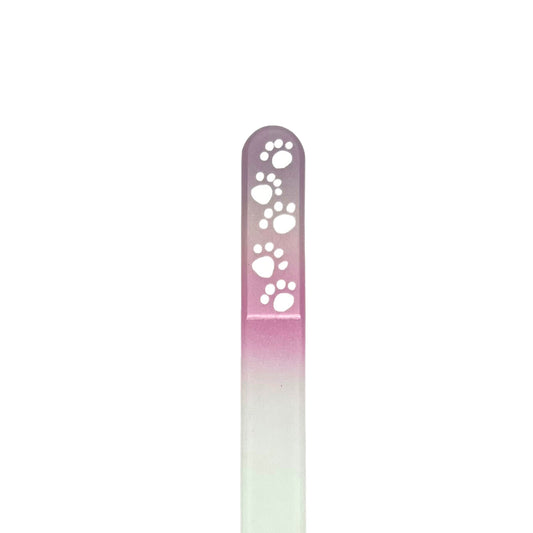 light purple and pink glass nail file with hand painted white paws