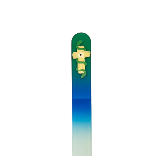green and blue glass nail file with hand painted yellow cross