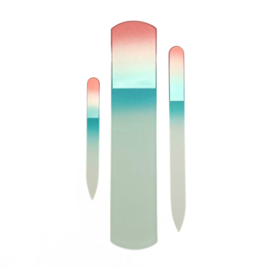 3 piece glass nail foot set in coral and teal.  Has a small, foot and regular sized file.