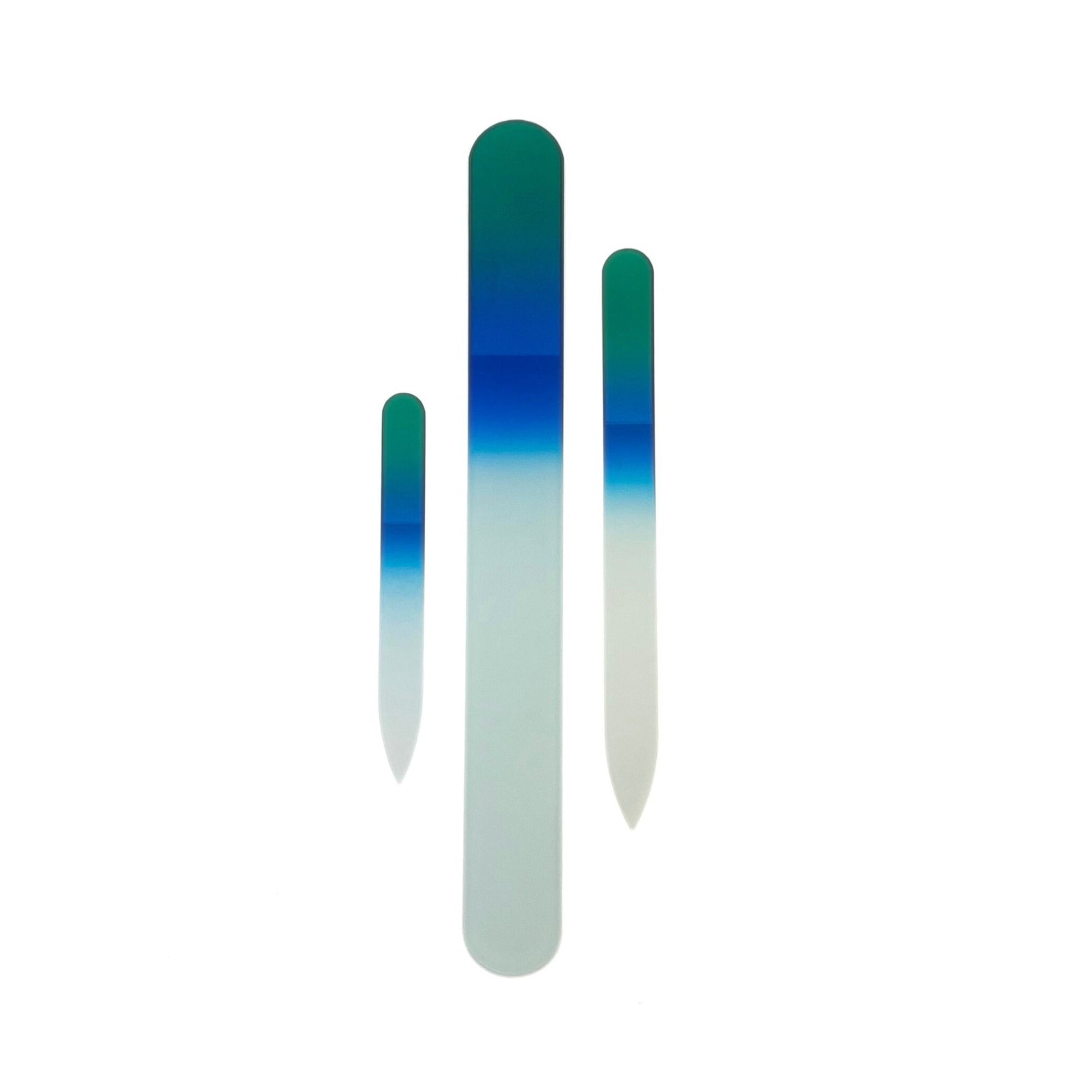 Green and blue 3 piece glass nail file set with a small, medium, and large file.