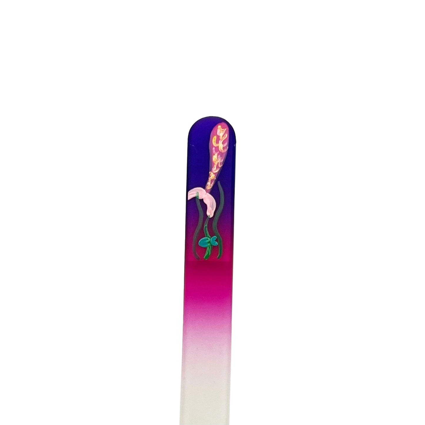 purple and pink glass nail file with hand painted mermaid