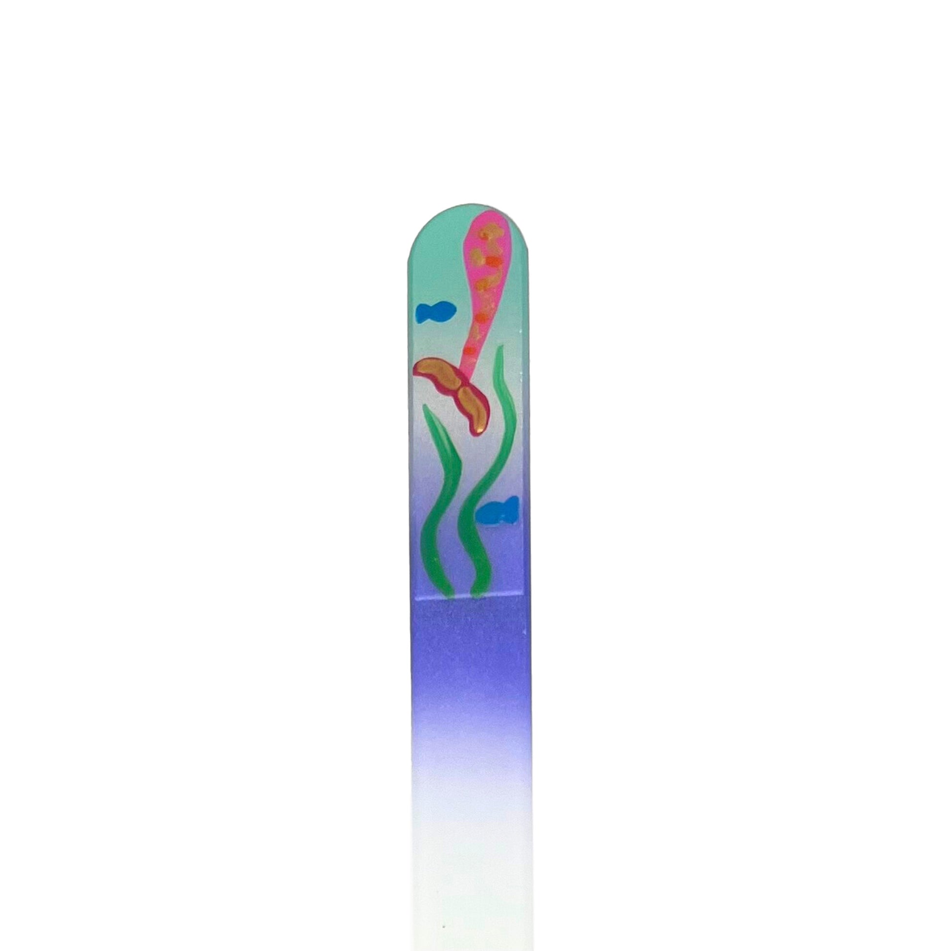 teal and purple glass nail file with hand painted mermaid